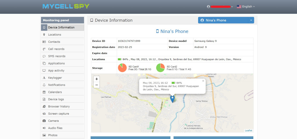 MyCellSpy dashboard
